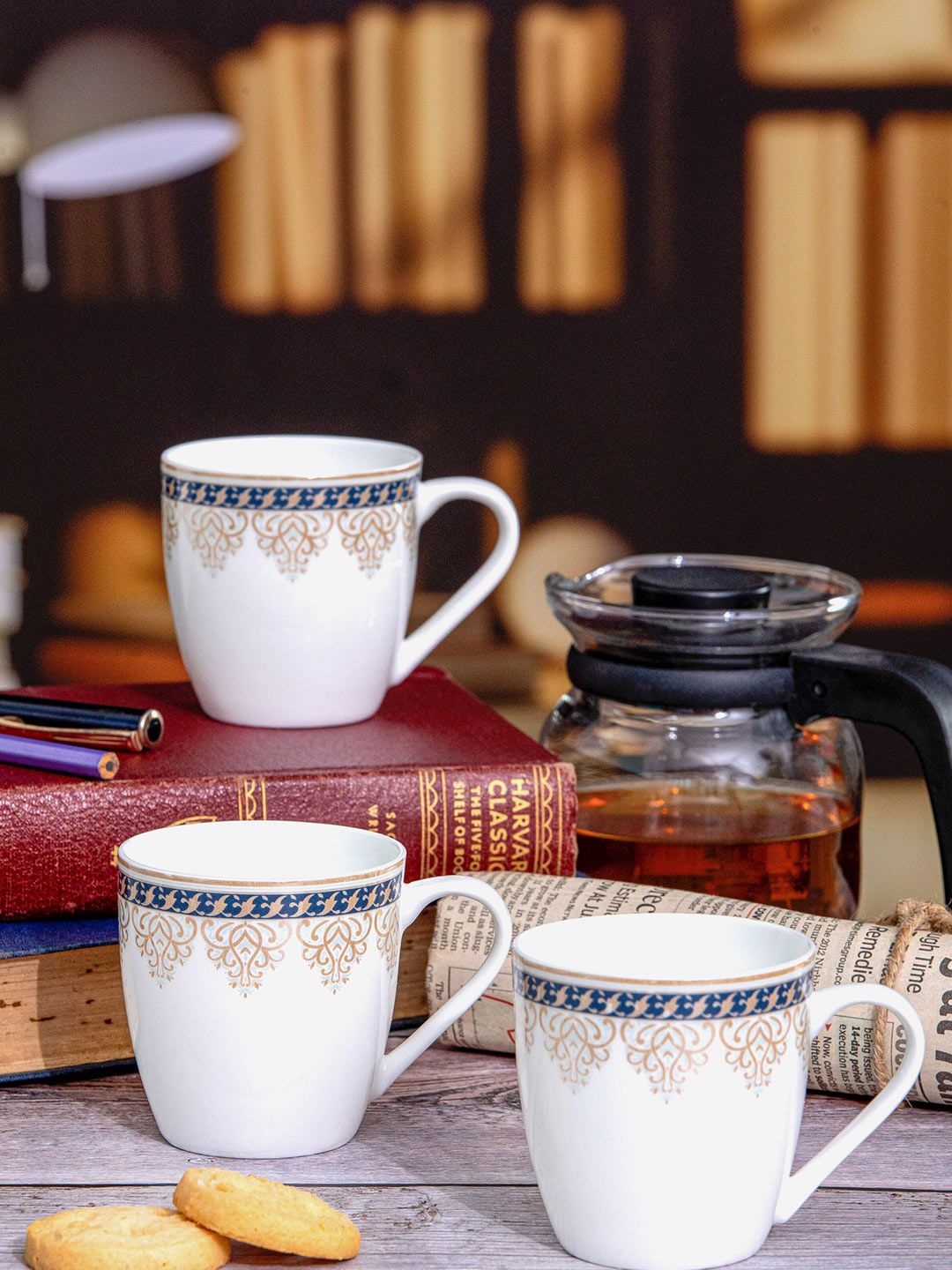 SONAKI White & Blue 6 Pieces Floral Printed Bone China Glossy Mugs- 180 ML Each