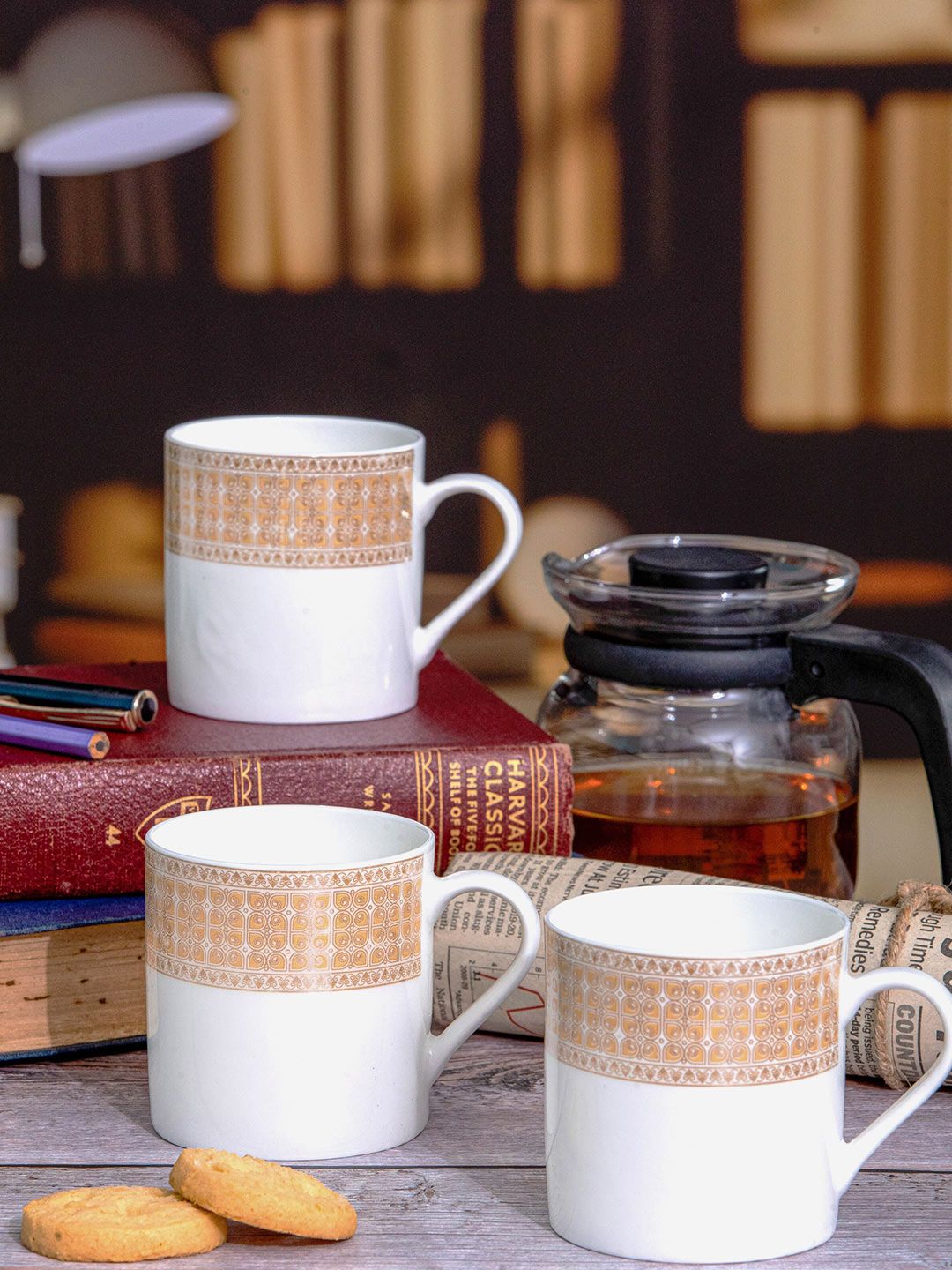 SONAKI White & Brown 6 Pieces Floral Printed Bone China Glossy Mugs 210 ml Each