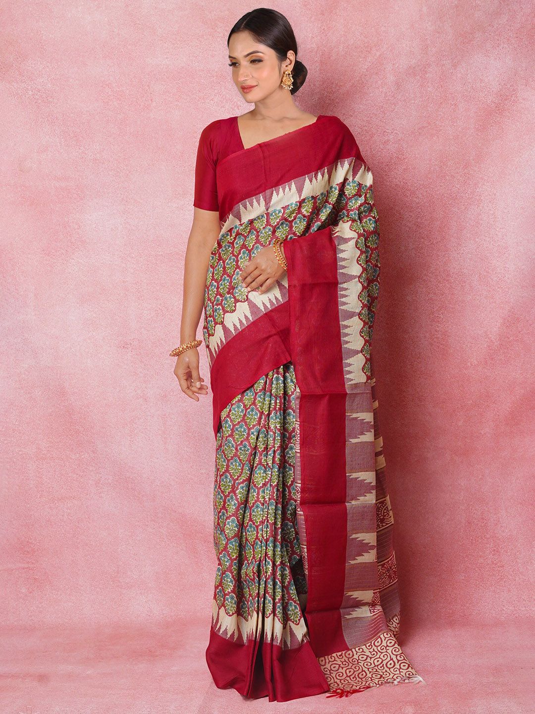 Unnati Silks Ethnic Motifs Block Printed Pure Silk Handloom Tussar Saree