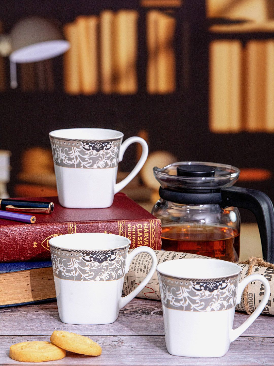 SONAKI 6 Pcs White & Grey Floral Printed Bone China Glossy Cups - 180 ML Each
