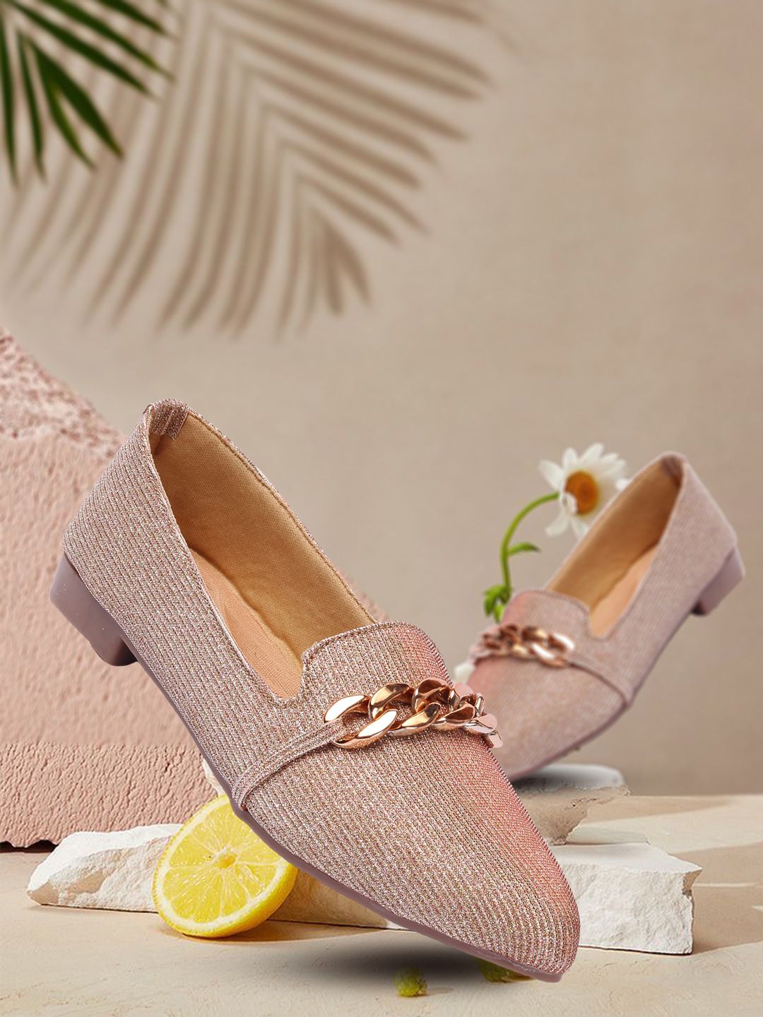 DressBerry Rose Gold-Toned Embellished Buckle Detail Ballerinas Price in India