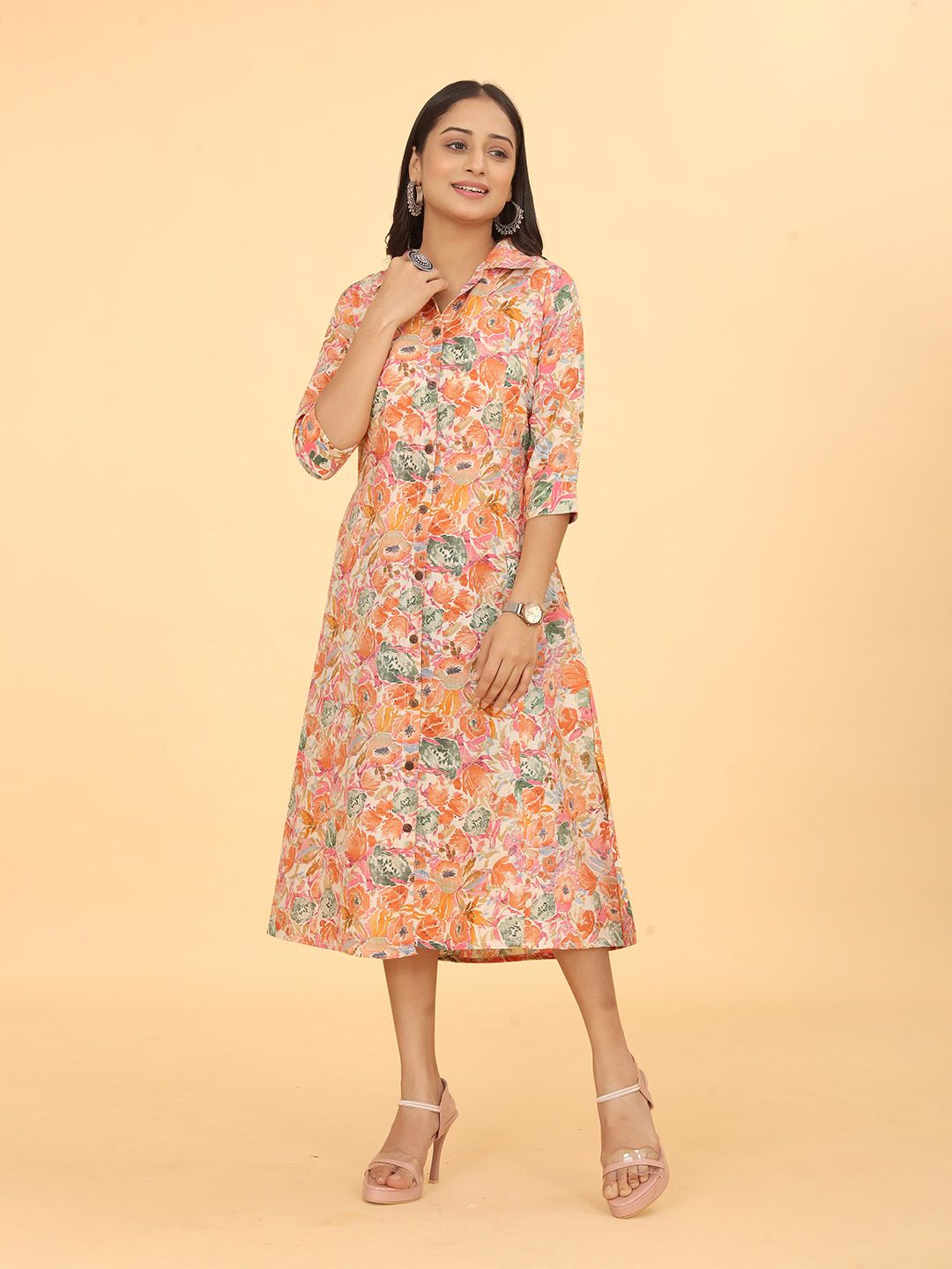 Kesudi White & Orange Floral Print Shirt Midi Dress Price in India
