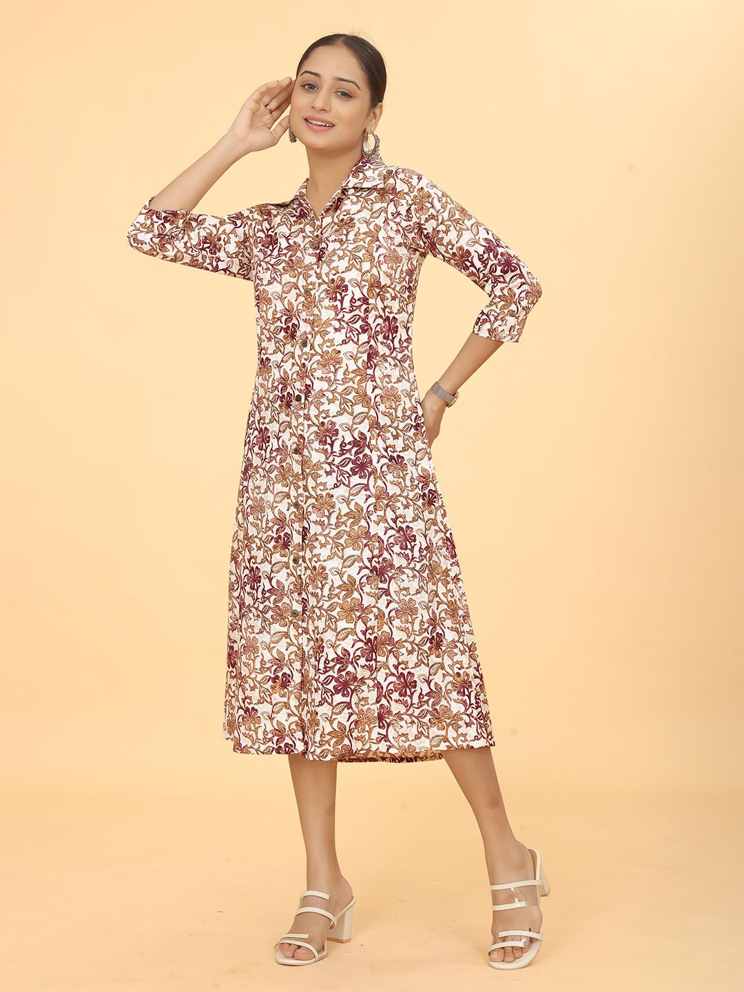 Kesudi White & Brown Floral Print Shirt Midi Dress Price in India
