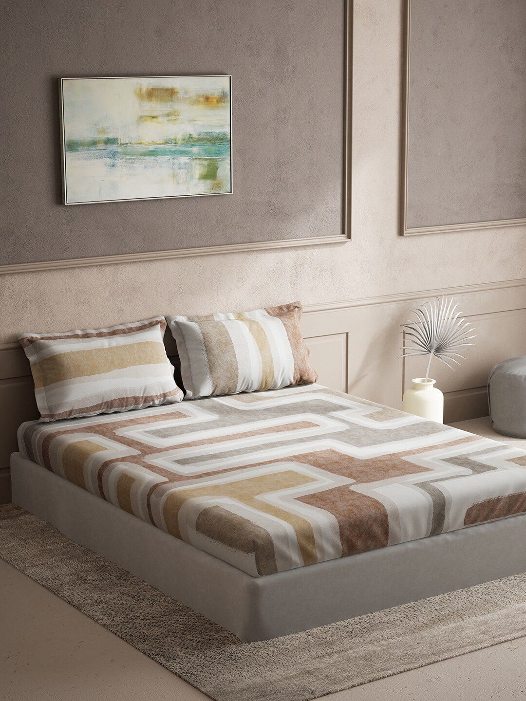 DDecor Brown Abstract Cotton 145 TC King Bedsheet with 2 Pillow Covers-274 x 274 cm