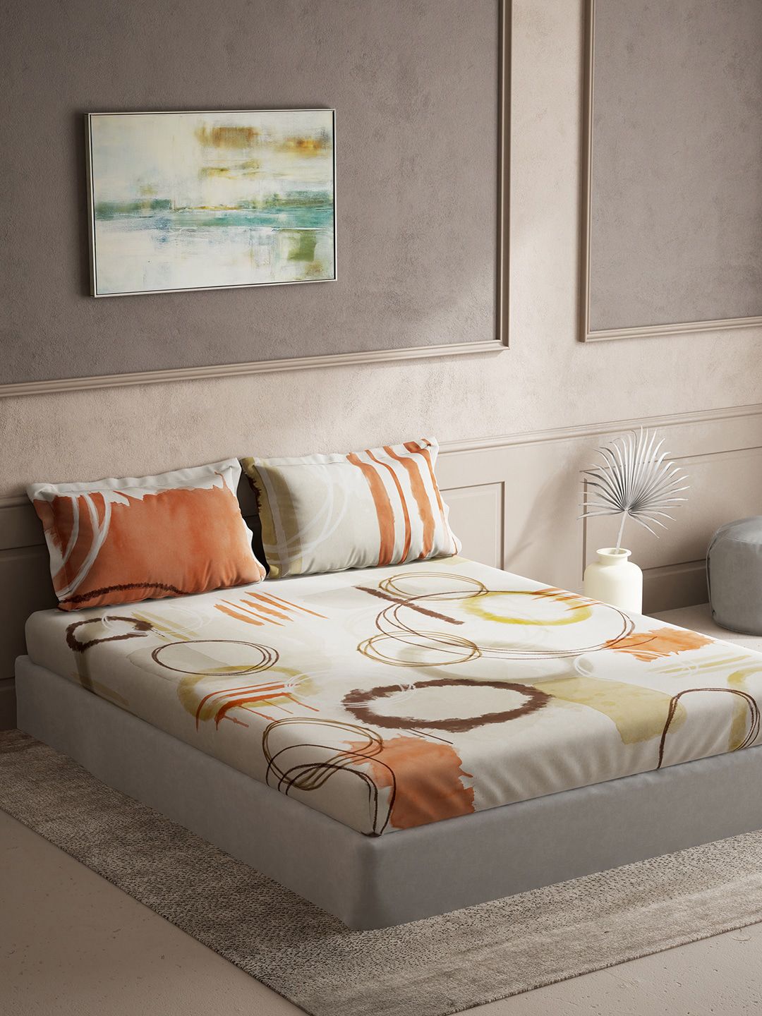 DDecor Live Beautiful Orange Graphic Cotton 144 TC King Bedsheet with 2 Pillow Covers-108 x 108 inches