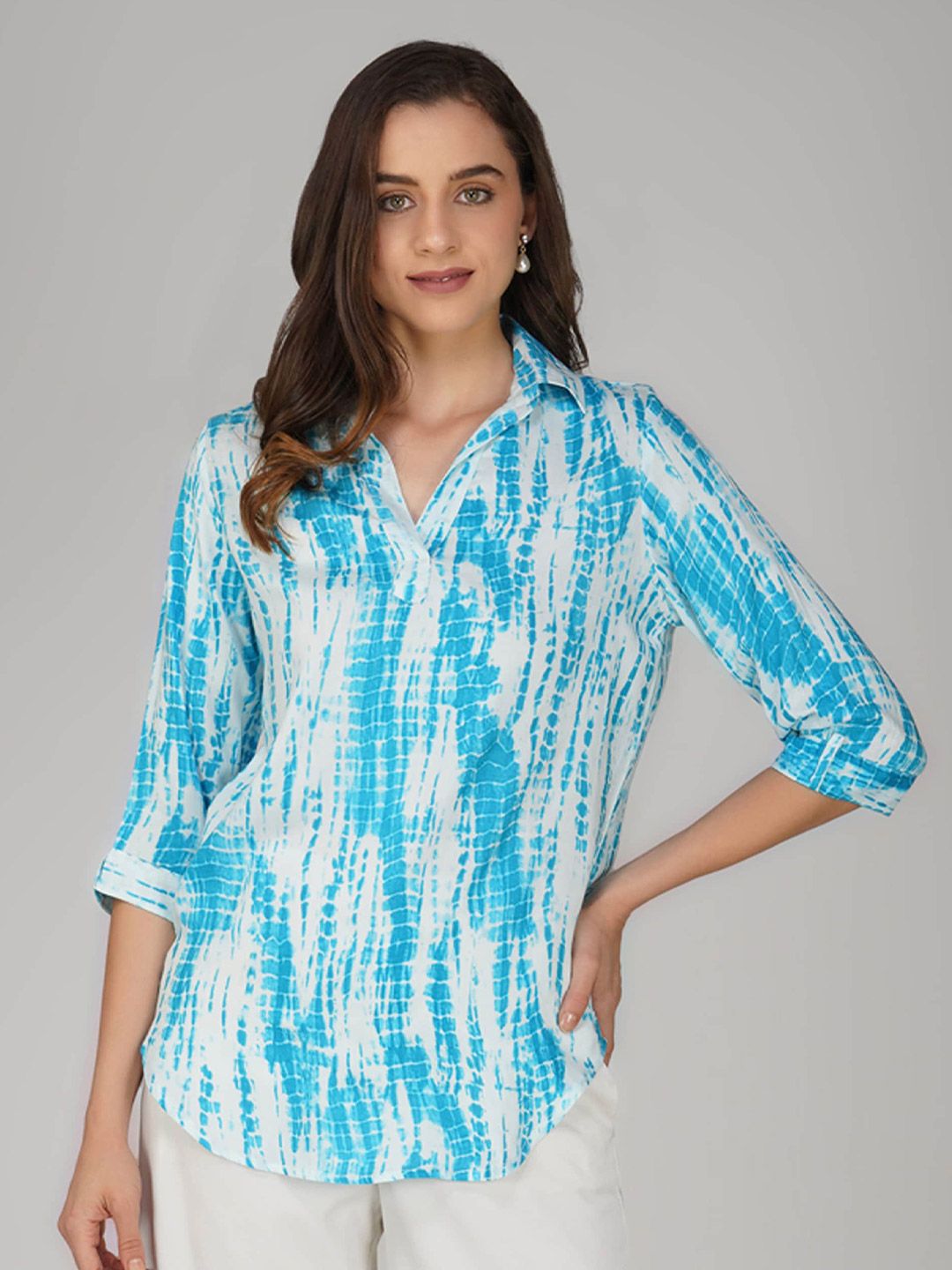 Vastraa Fusion Tie & Dye Printed Shirt Collar Roll Up Sleeves Regular Top Price in India