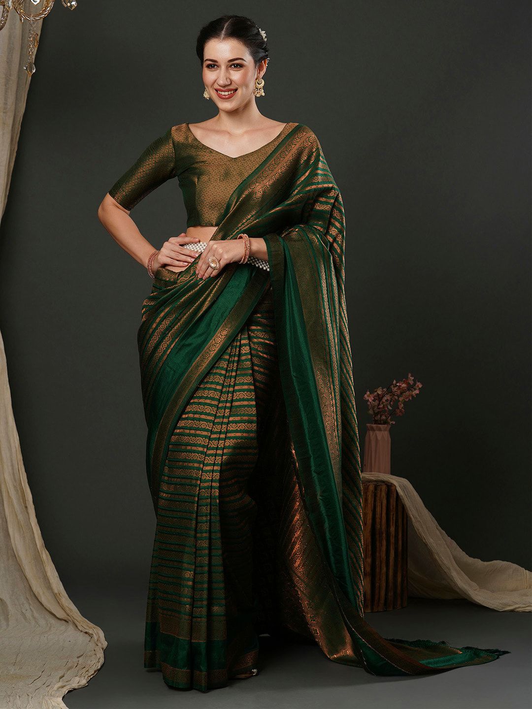 Anouk Green Ethnic Motifs Silk Blend Designer Kanjeevaram Saree Price in India
