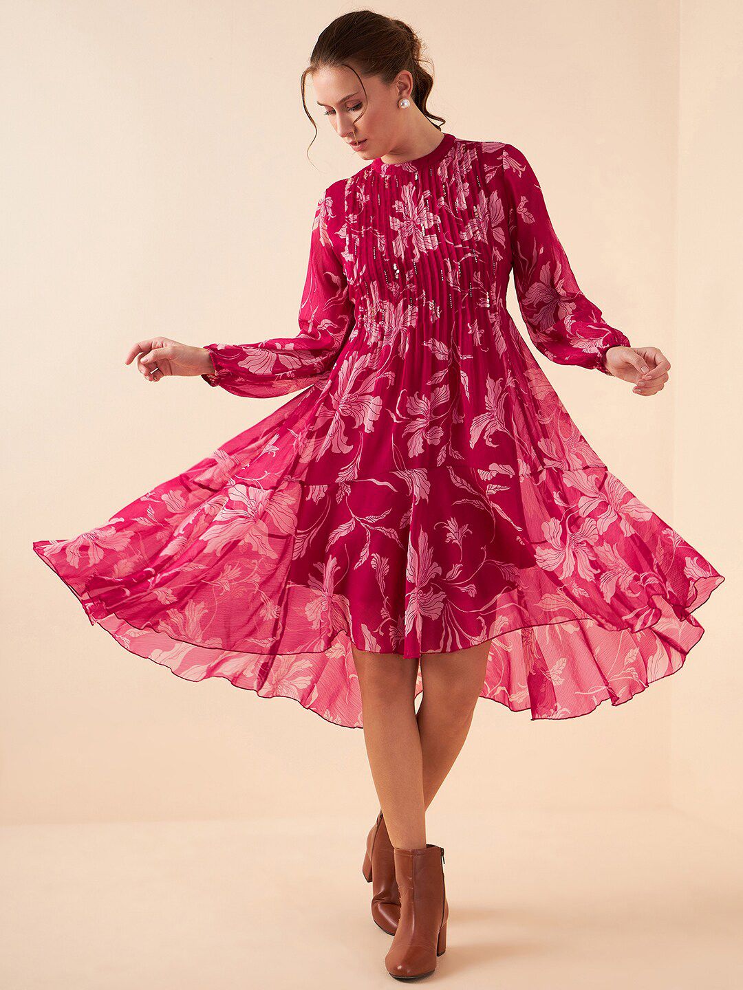 Antheaa Floral Printed High Neck Puff Sleeves Pleated Detailed Chiffon A-Line Midi Dress Price in India