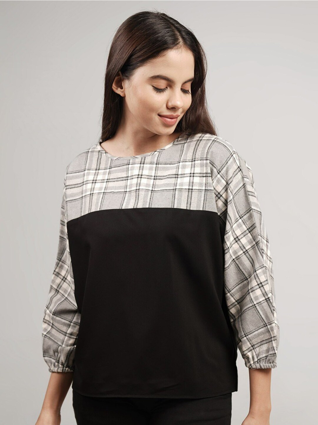 IDK Checked Cuffed Sleeve Crepe Top Price in India