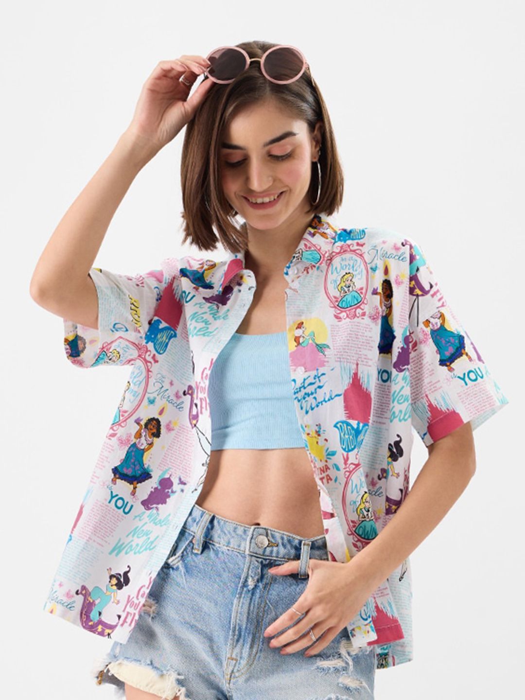 The Souled Store White Opaque Disney Printed Pure Cotton Oversized Casual Shirt Price in India