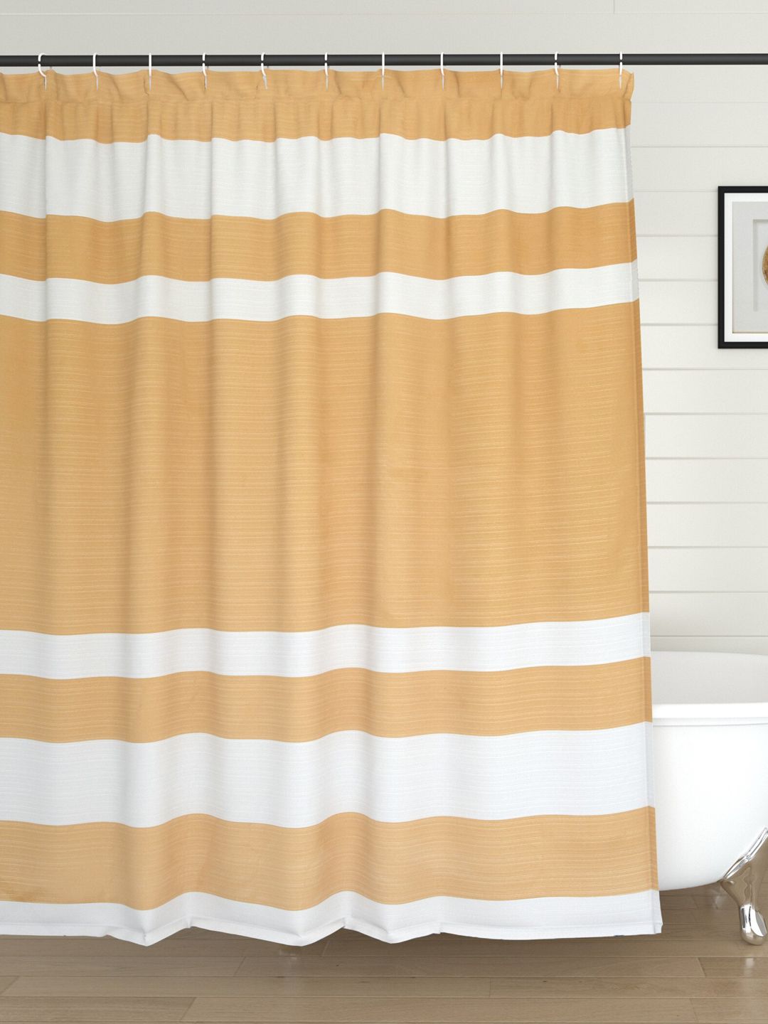 Home Centre Yellow & White Striped Shower Curtain with Hooks