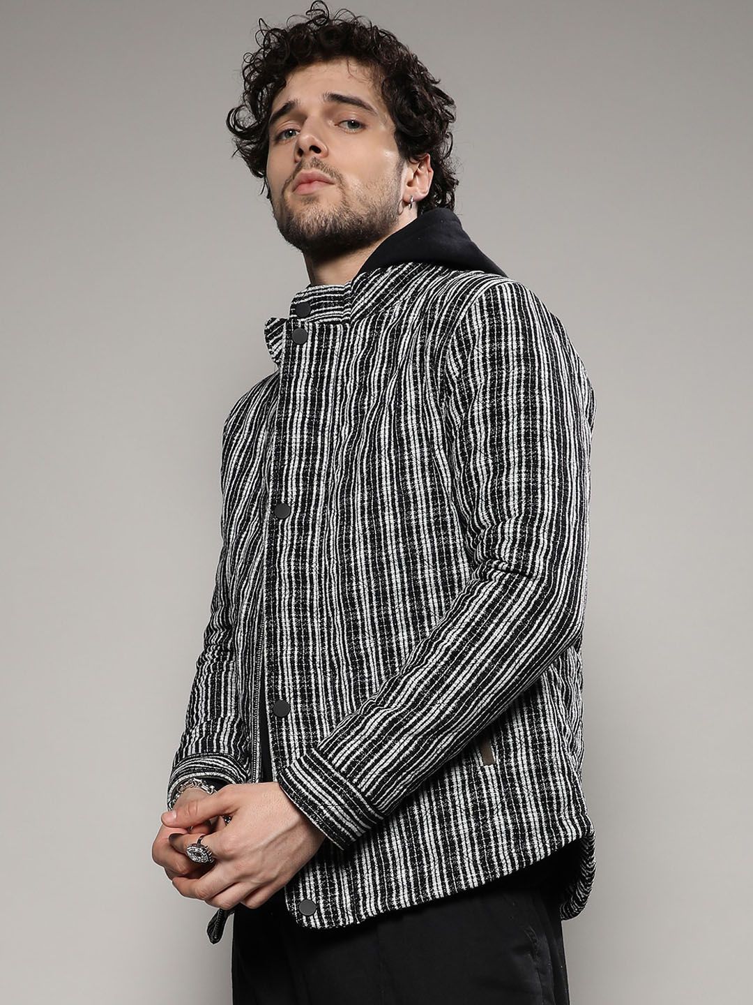 CAHOOT Black Striped Detachable Hood Windcheater Quilted Jacket