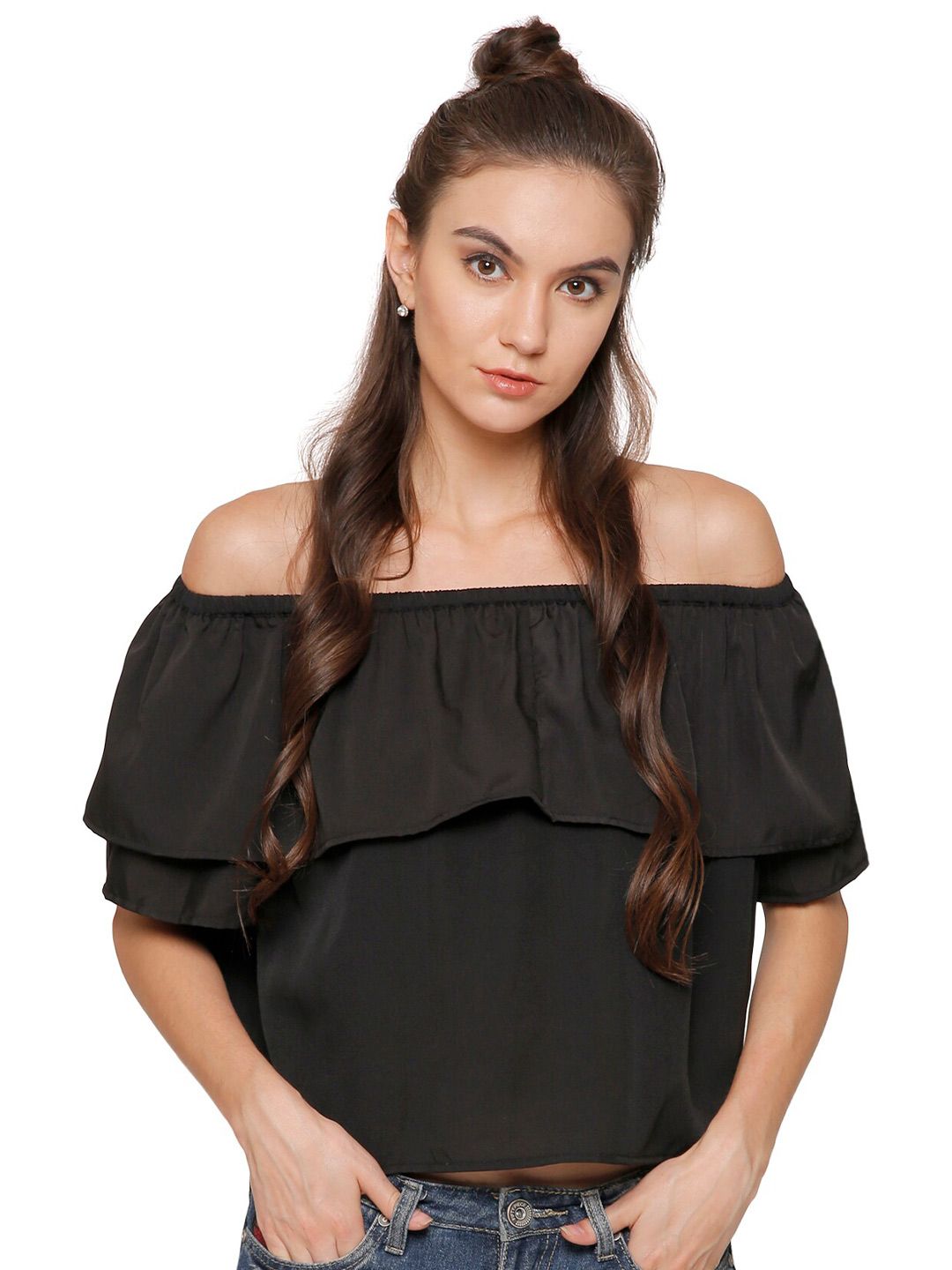 Dracht Black Off-Shoulder Bell Sleeve Crepe Bardot Top Price in India