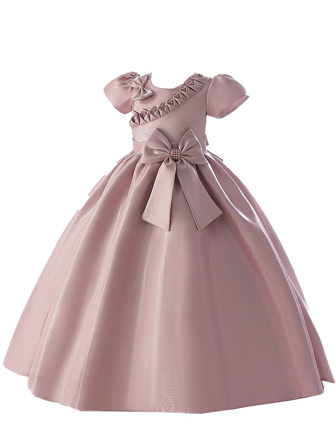 StyleCast Pink Girls Puff Sleeves Beads & Bow Gown Maxi Dress