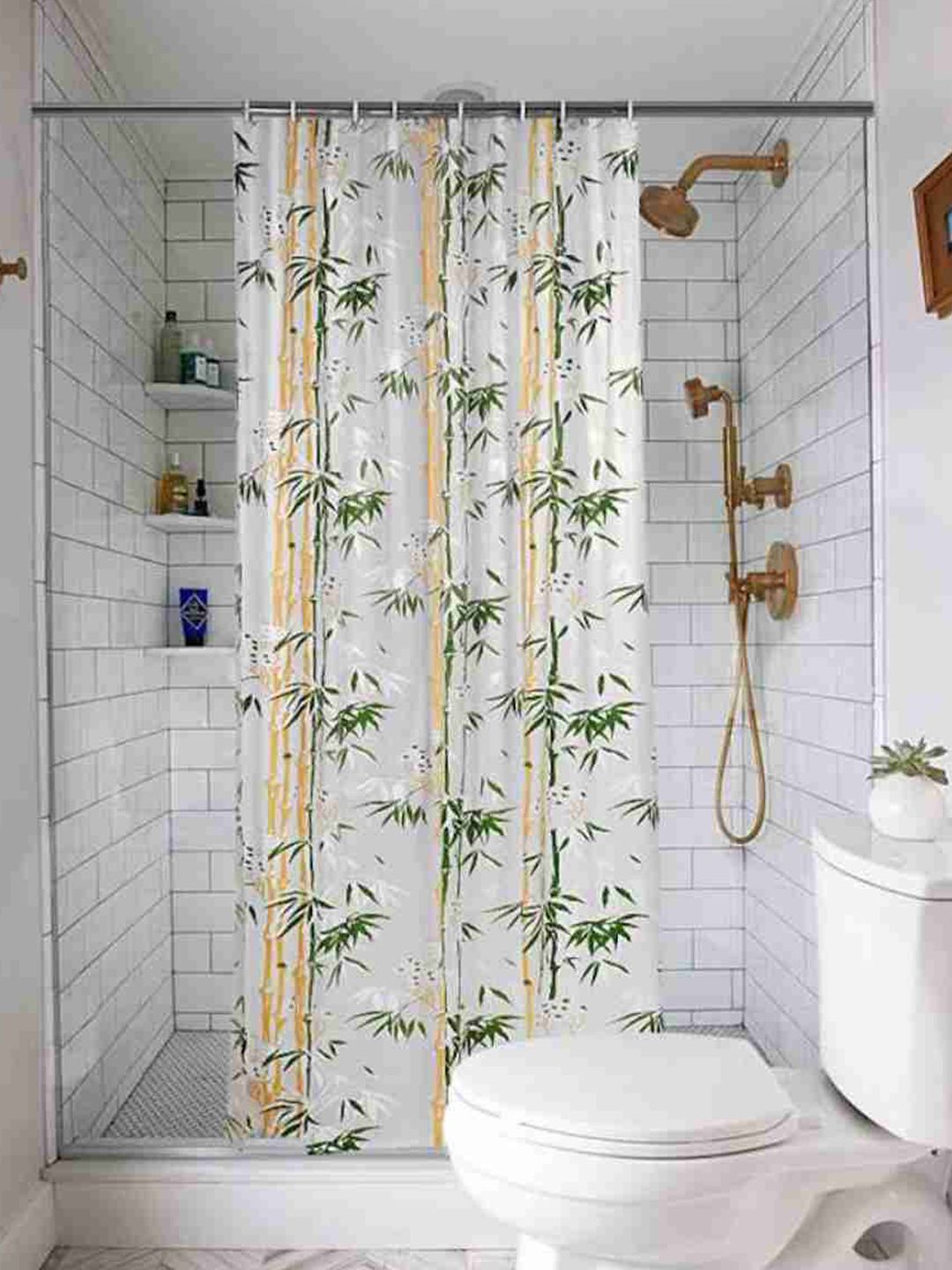 Jinaya's White & Green Printed Shower Curtain