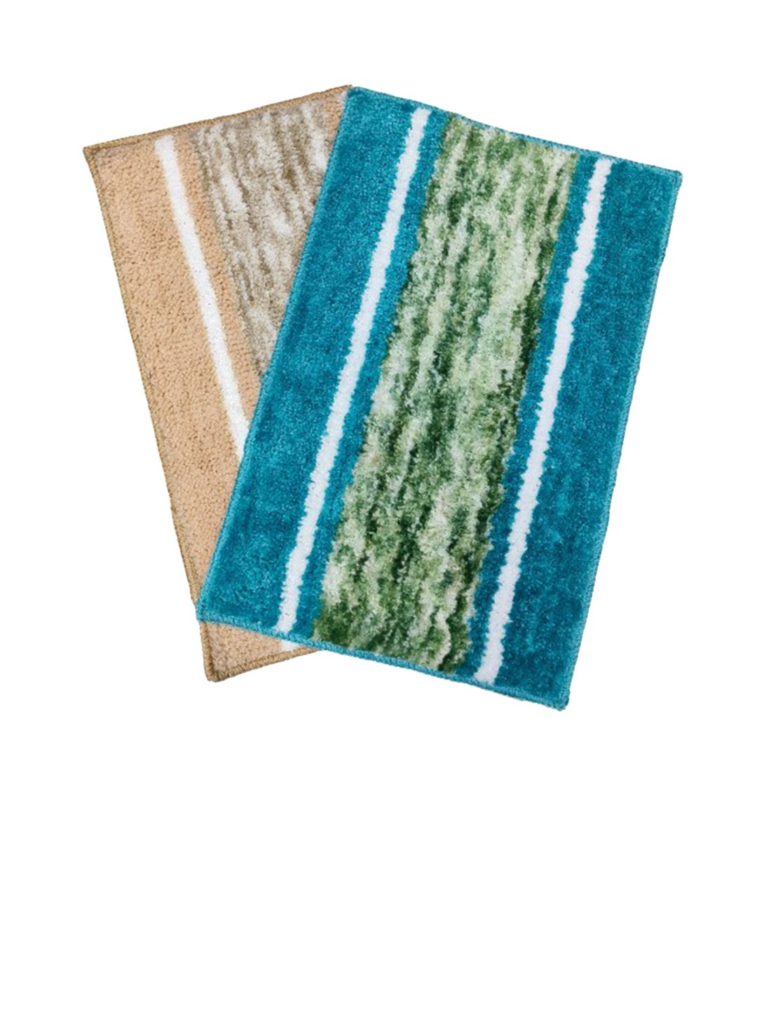 PEQURA Blue & Beige Striped Microfibre 2 Pieces Drying Anti-Skid Bathroom Mats
