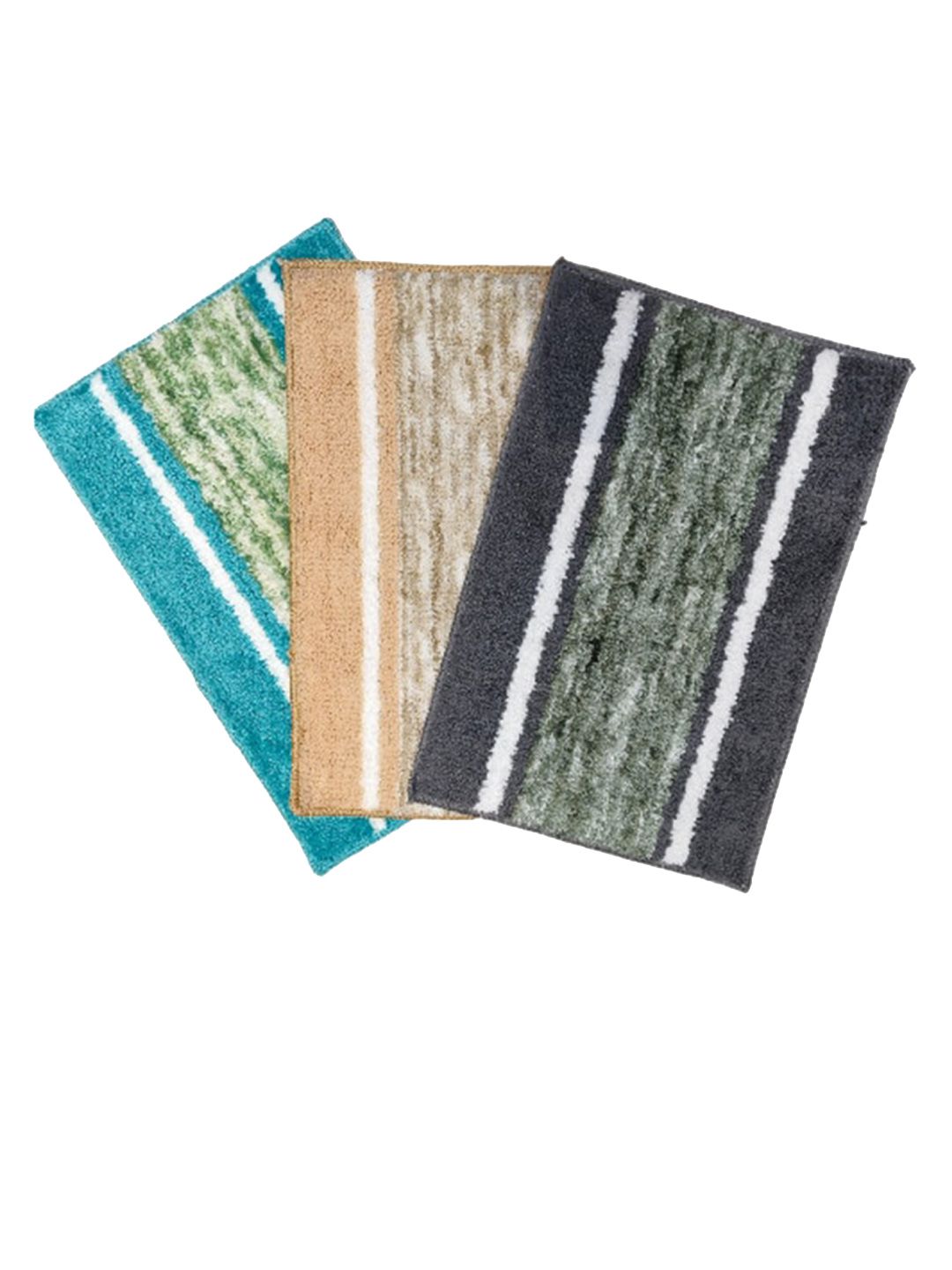 PEQURA Blue & Camel Brown 3 Pieces Striped Microfibre Quick Drying Anti-Skid Bathroom Mat