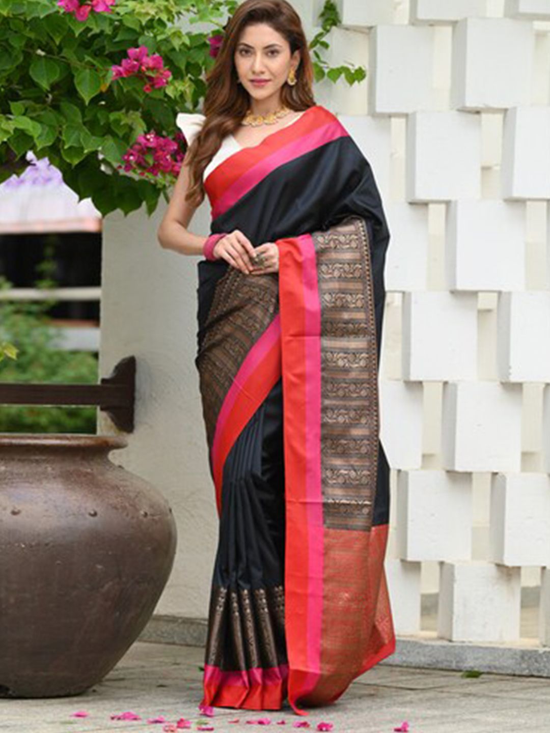 BEATITUDE Black Woven Design Silk Blend Saree Price in India