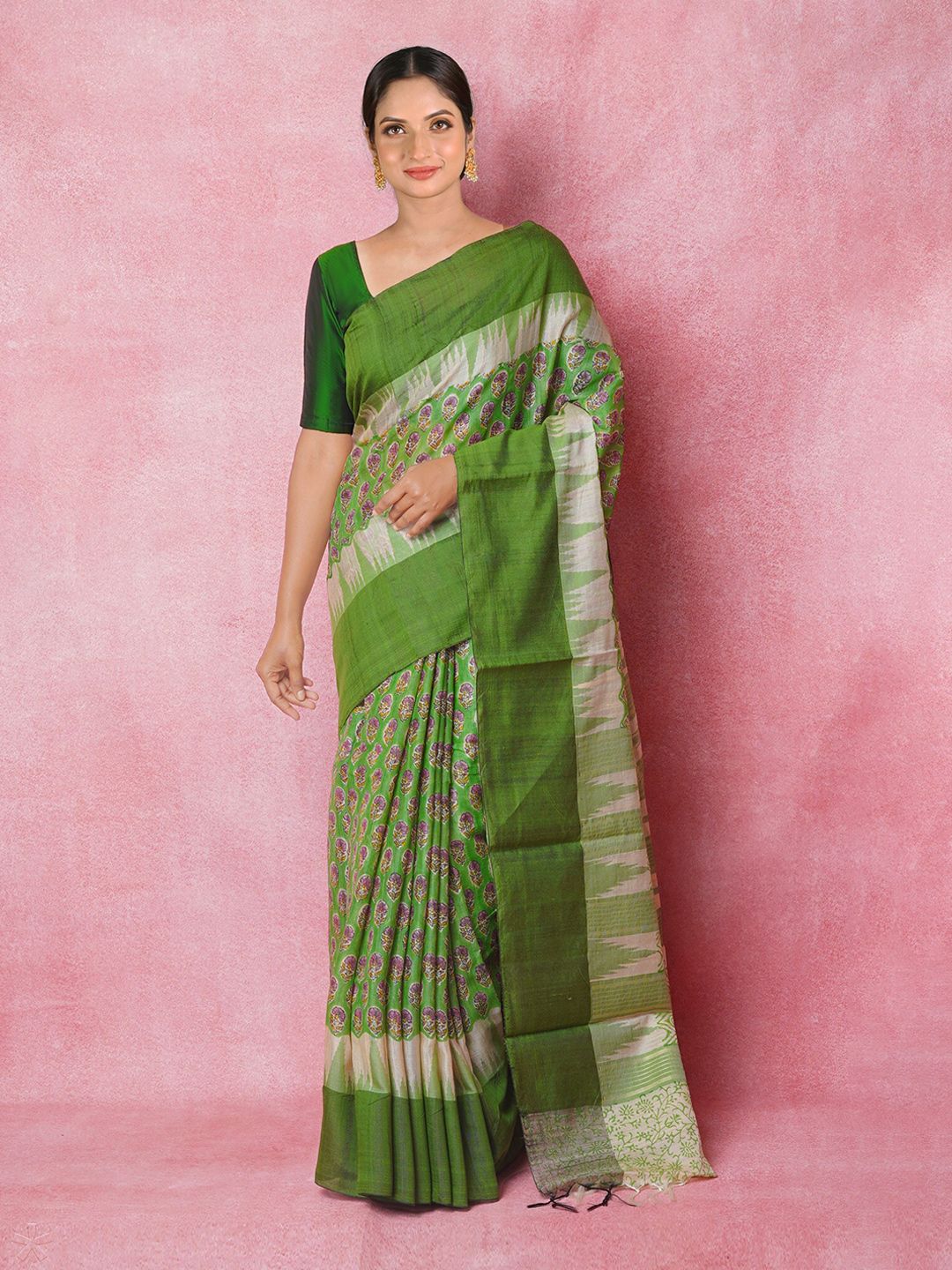 Unnati Silks Floral Printed Handloom Pure Silk Tussar Saree