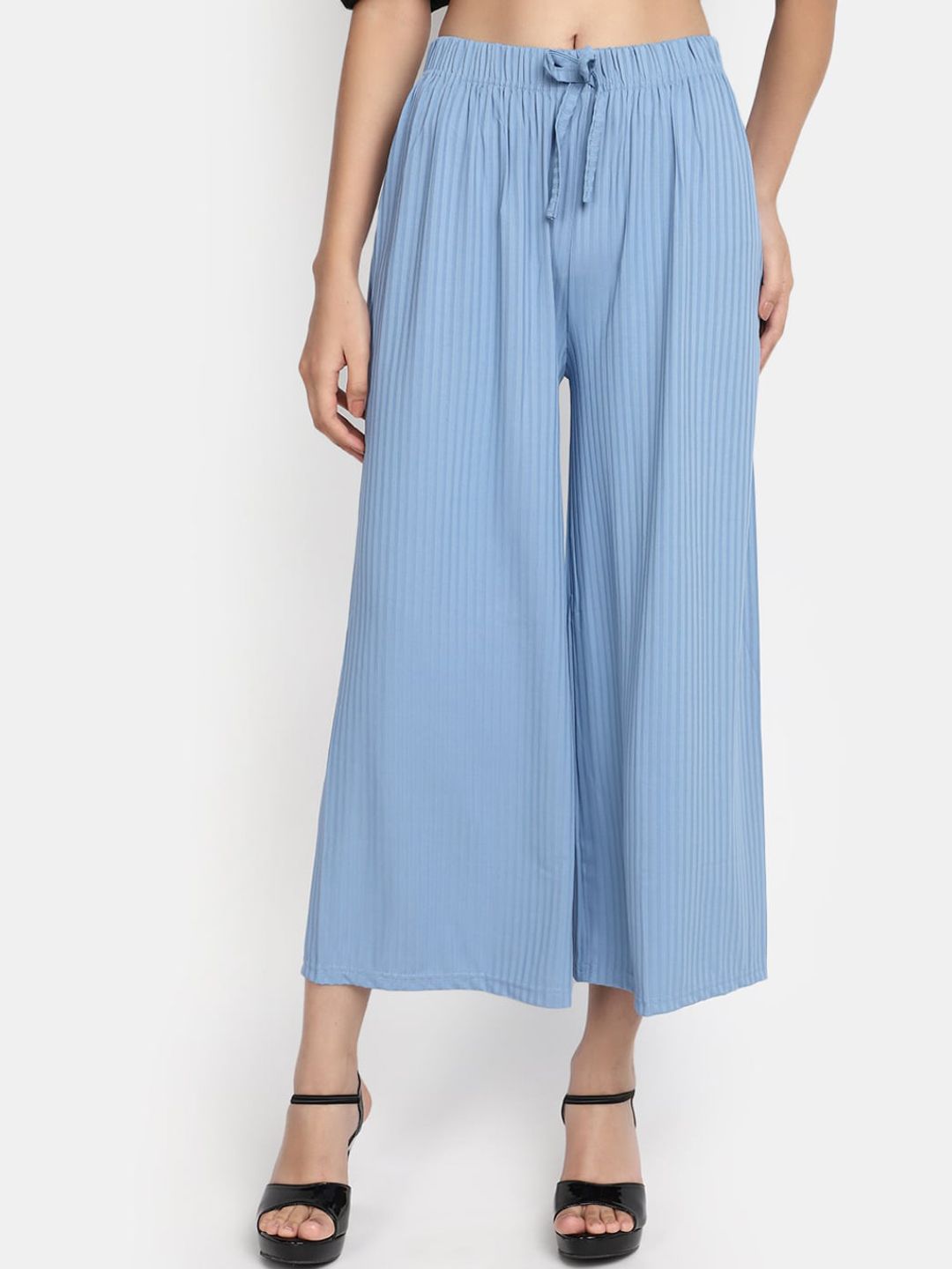 V-Mart Women Striped Pleated Tie Up Cropped Parallel Trouser Price in India