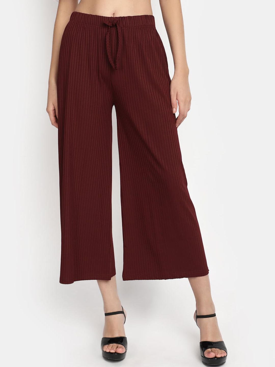 V-Mart Women Striped Pleated Tie Up Cropped Parallel Trouser Price in India