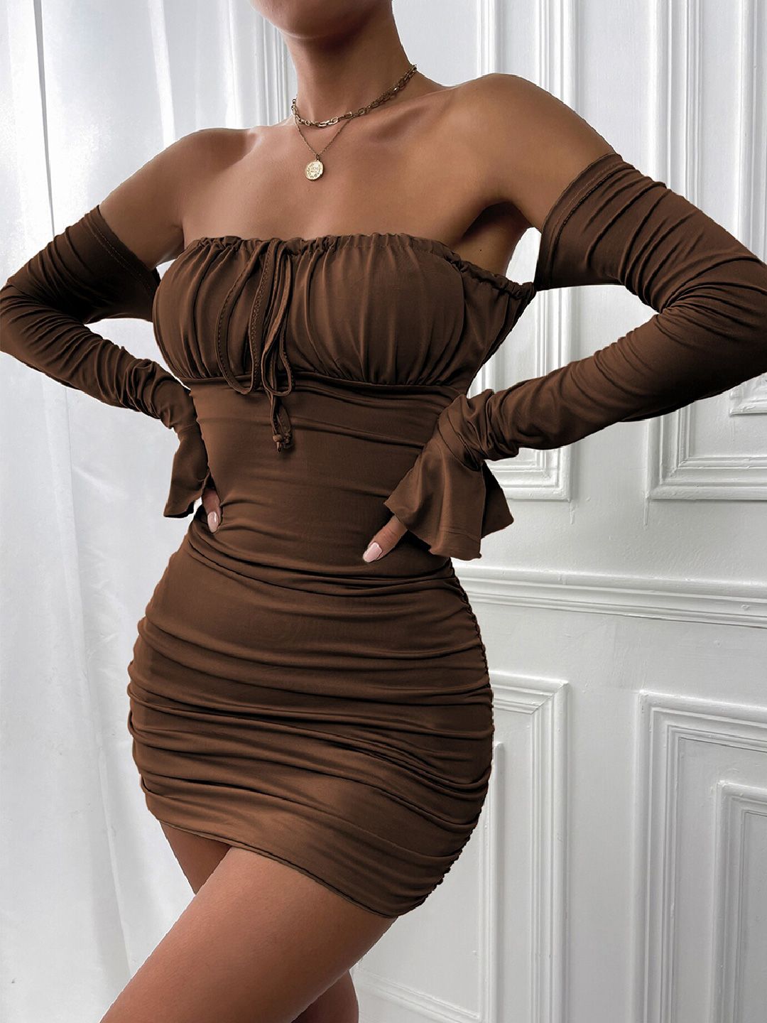 LULU & SKY Off-Shoulder Gathered Ruched Bodycon Dress Price in India