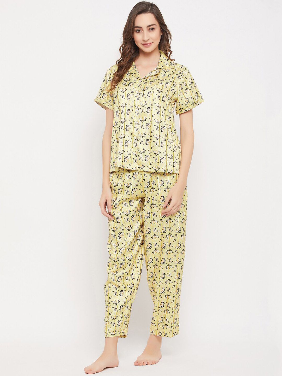 Clovia Beige Floral Printed Lapel Collar Satin Night suit