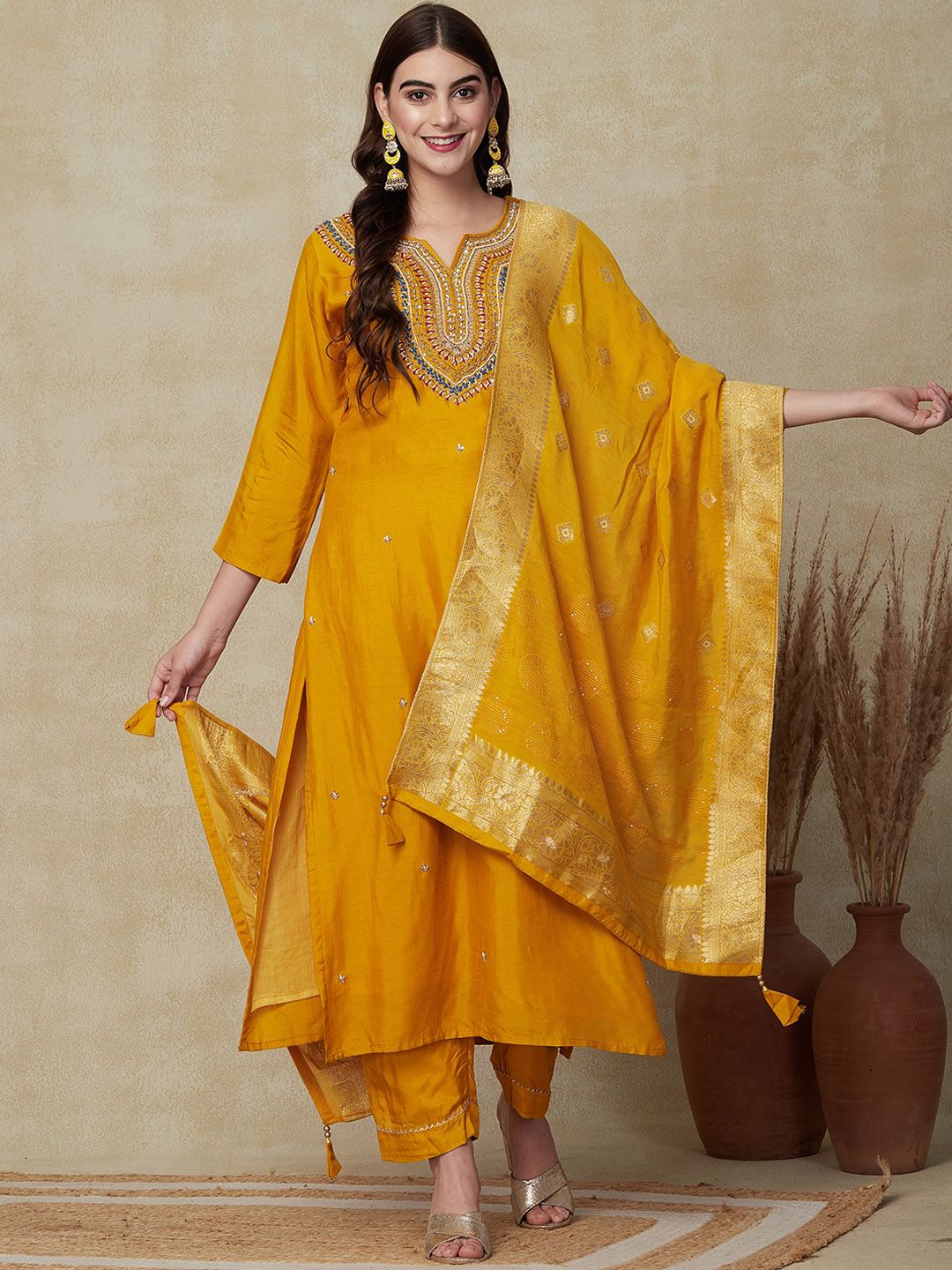 FASHOR Women Yellow Floral Embroidered Regular Beads and Stones Kurta with Trousers & With Dupatta