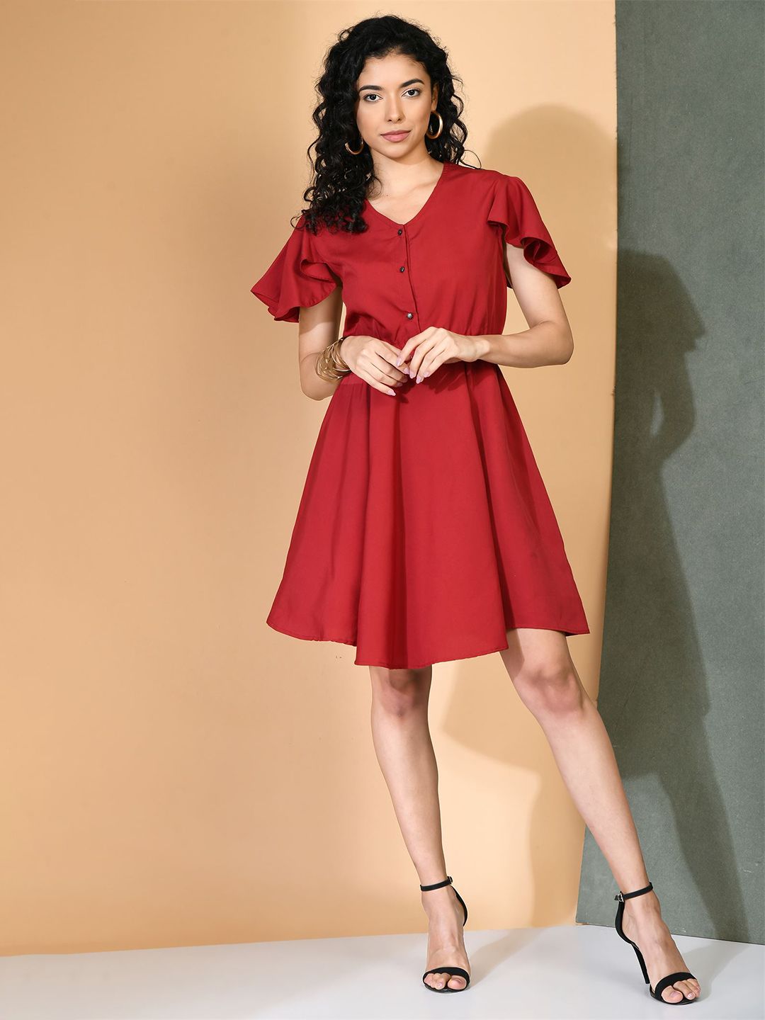 DressBerry Red V-Neck Flared Sleeve Fit & Flare Dress Price in India