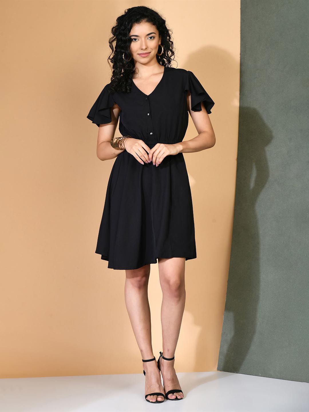 DressBerry Black V-Neck Flared Sleeve Fit & Flare Dress