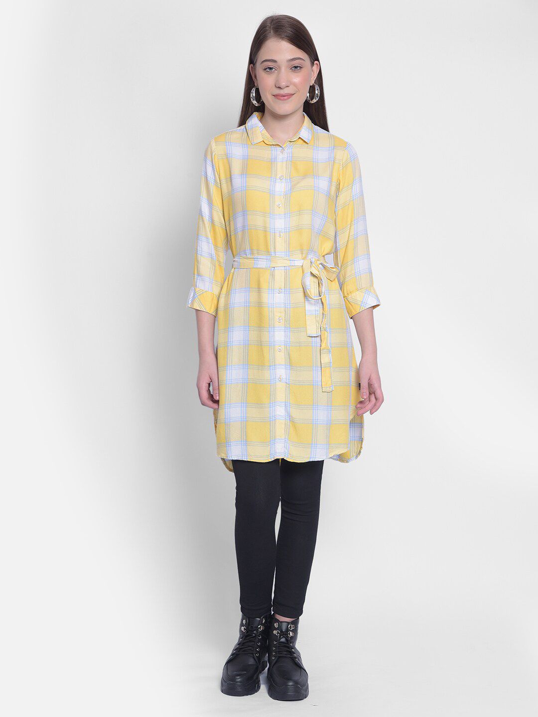 Crimsoune Club Yellow Checked Shirt Midi Dress