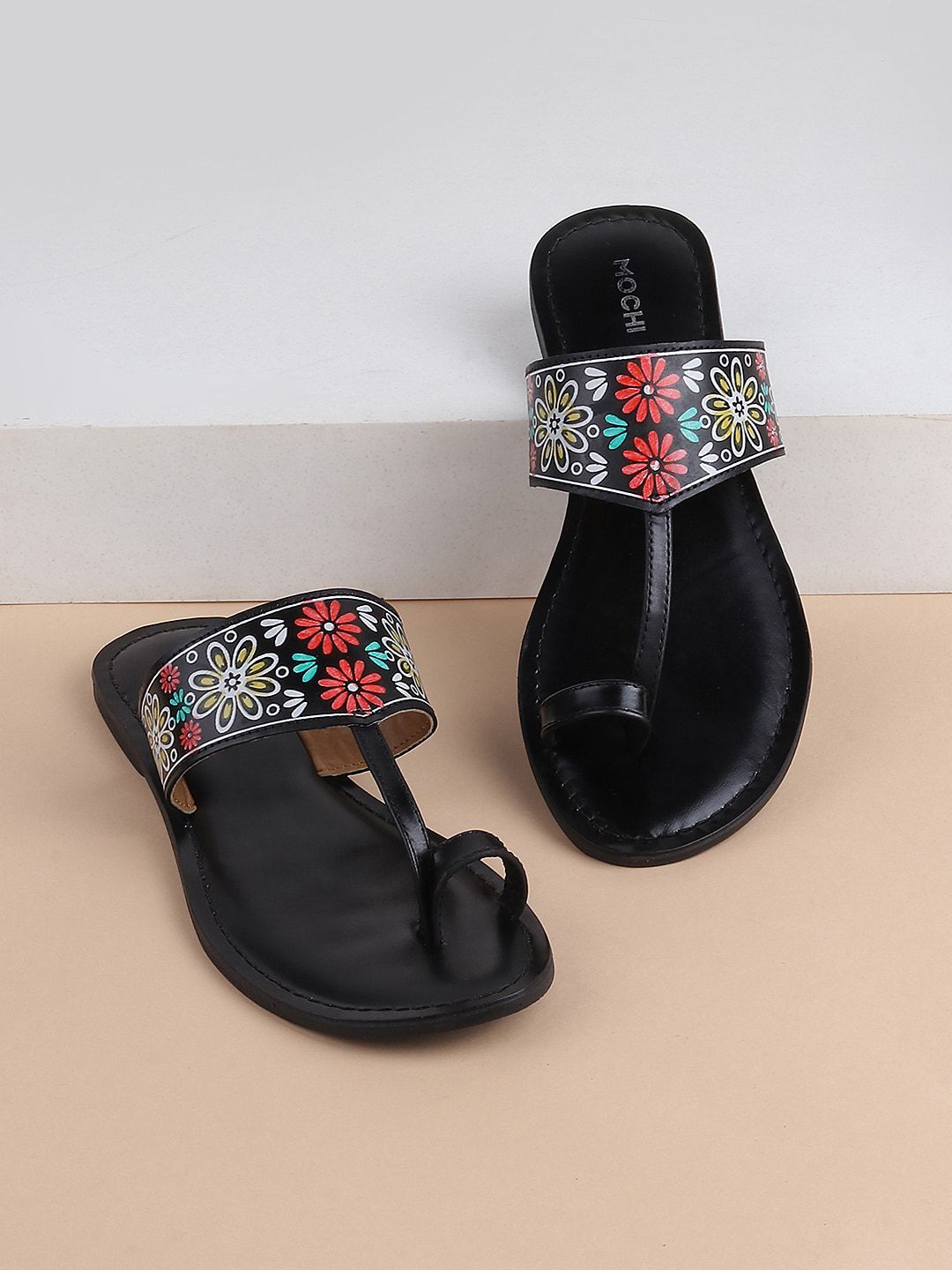 Mochi Ethnic Printed Leather One Toe Flats Price in India