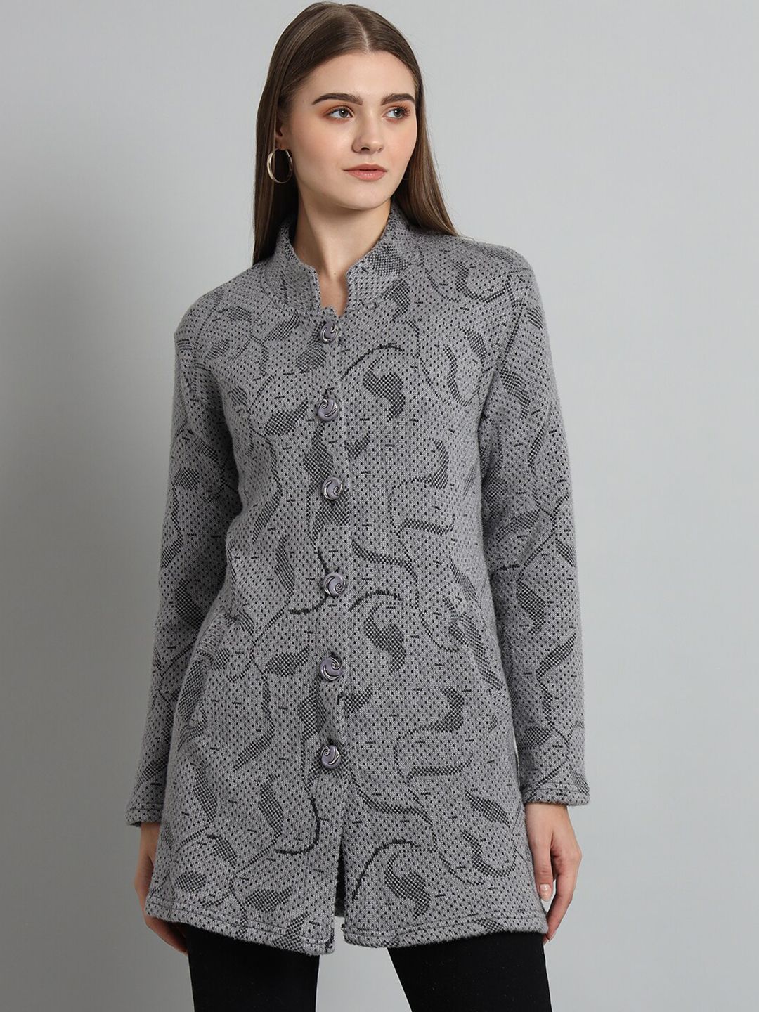 eWools Abstract Printed Mock Collar Long Sleeve Acrylic Wool Front-Open Sweater