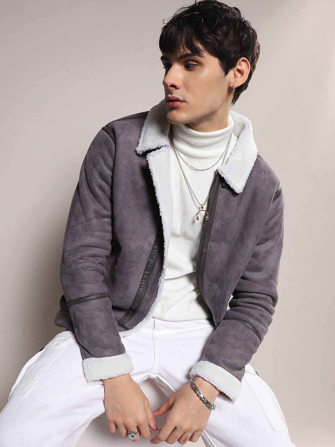 CAHOOT Notched Lapel Collar Windcheater Faux Fur Trim Tailored Jacket