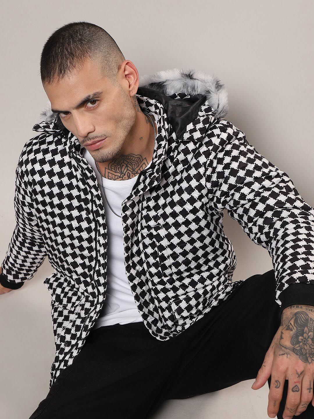 CAHOOT Black Geometric Printed Hooded Windcheater Puffer Jacket