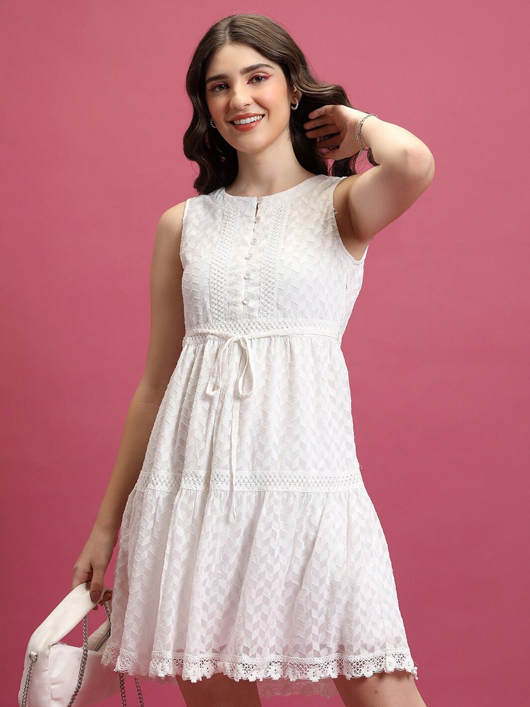 Buy Tokyo Talkies White Self Design Lace Inserts Tiered A-Line