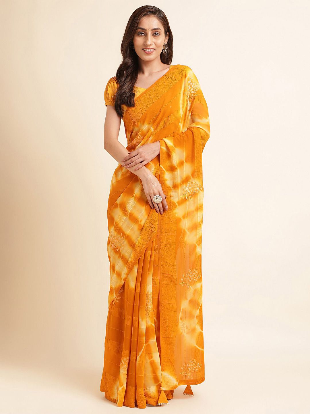Mitera Yellow Floral Embroidered Pure Georgette Saree