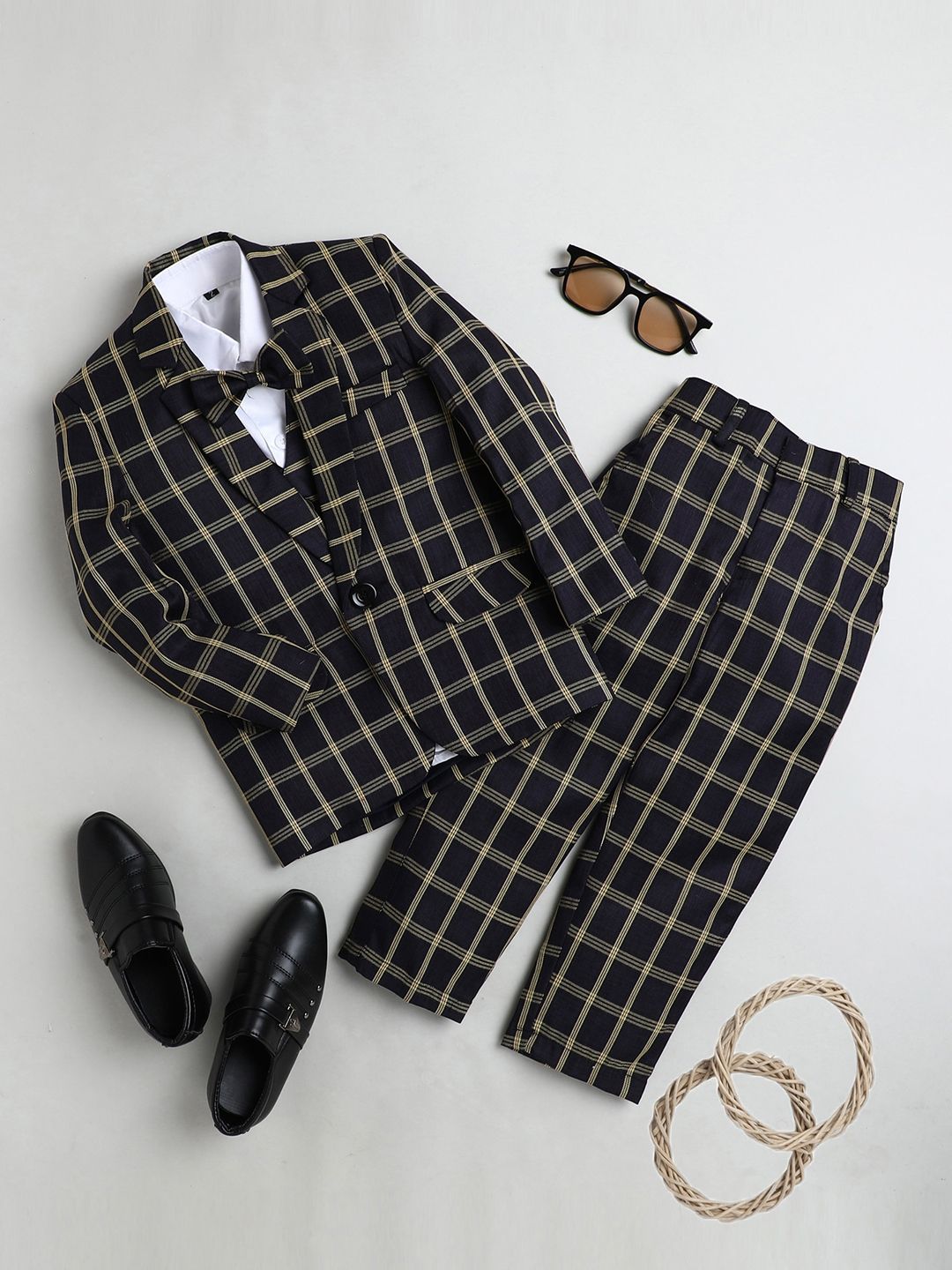 BAESD Boys Checked Silk Cotton Single Breasted 4-Pieces Suit