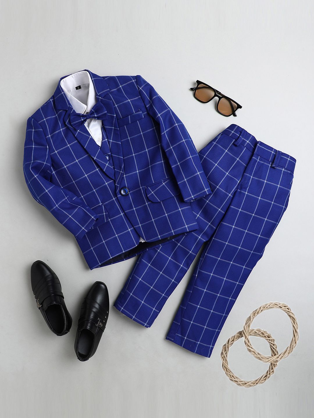 BAESD Boys Checked Silk Cotton Single Breasted 4-Pieces Suit