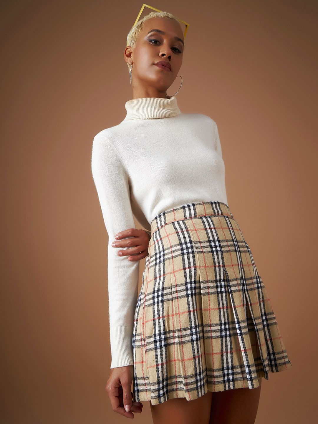 Buy SASSAFRAS Beige Checked Pleated Pure Cotton A-Line Mini Skirt Buy SASSAFRAS Beige Checked Pleated Pure Cotton A-Line Mini Skirt