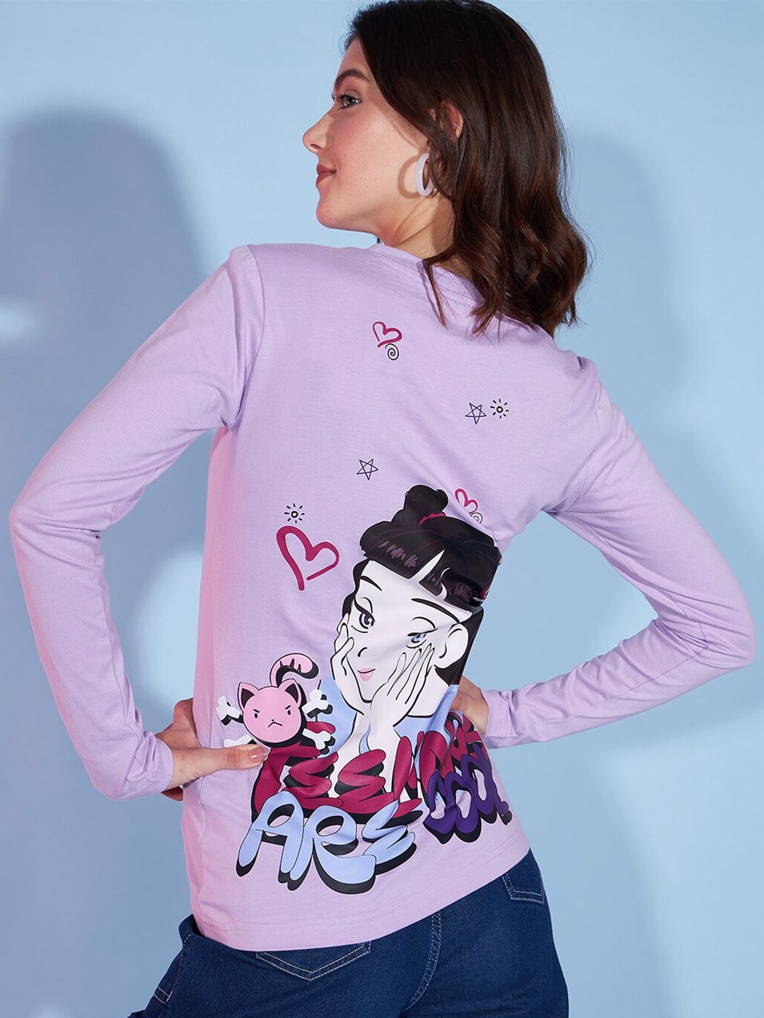 DressBerry Lavender Graphic Printed Long Sleeves Pure Cotton T-shirt