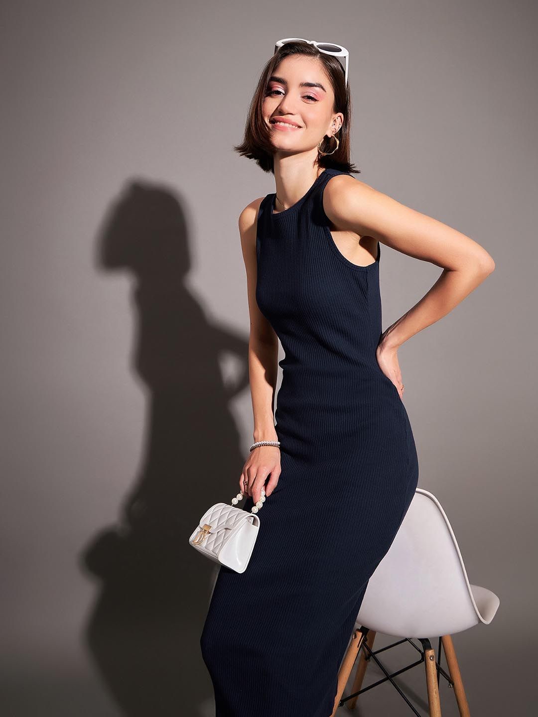 Buy SASSAFRAS Navy Blue Ribbed Sheath Midi Dress - Dresses for Women  25874454 | Myntra