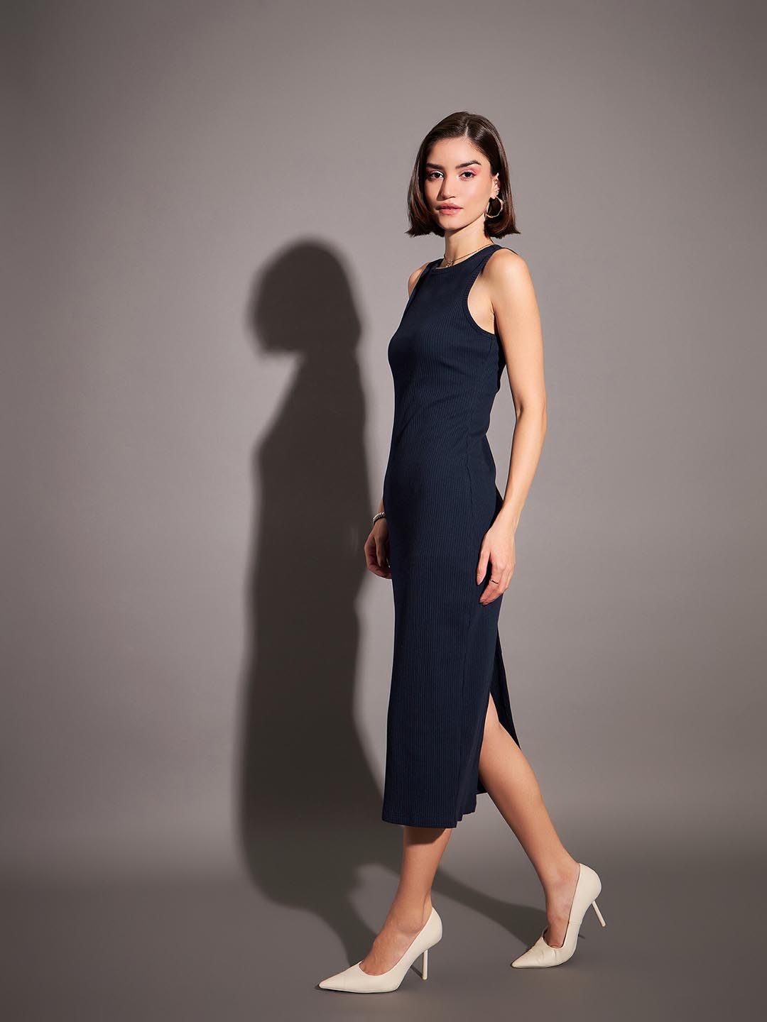 Buy SASSAFRAS Navy Blue Ribbed Sheath Midi Dress - Dresses for Women  25874454 | Myntra