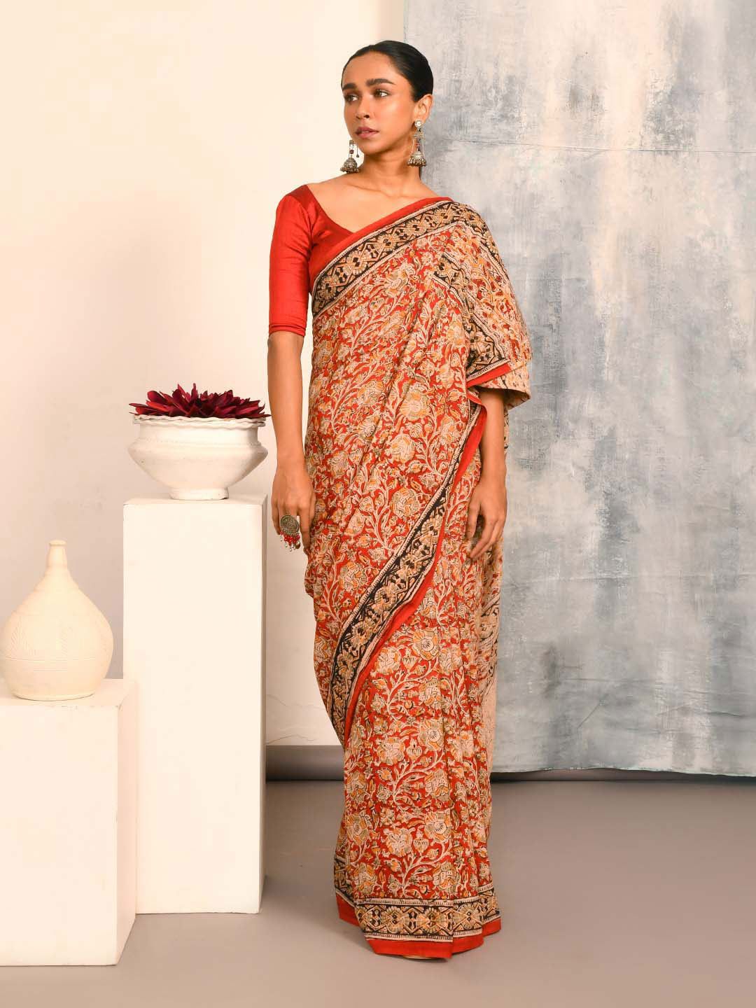Indethnic Multicoloured Kalamkari Pure Cotton Handloom Block Print Saree