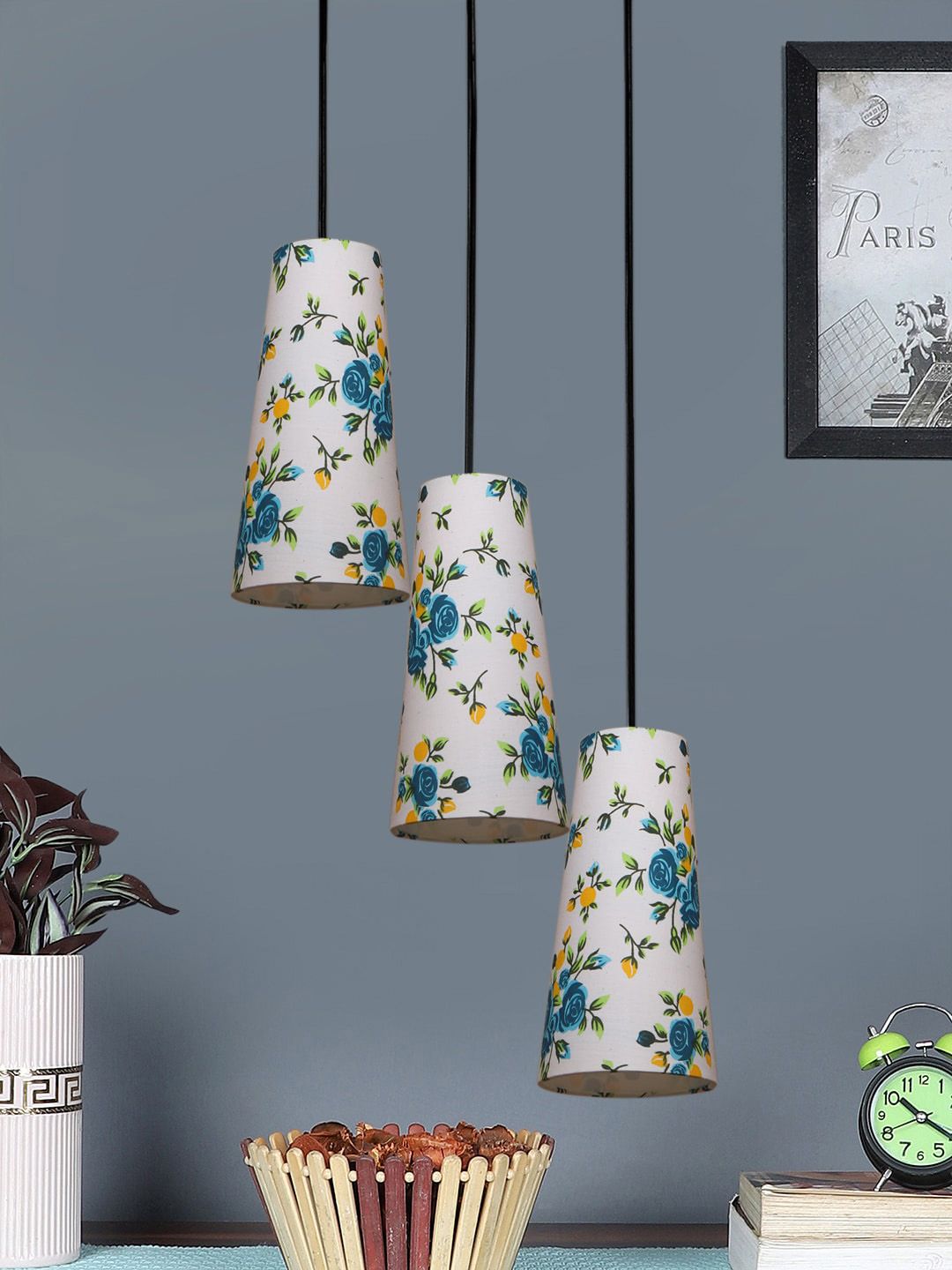 Devansh White & Blue Floral Cluster Cylindrical Ceiling Lamp