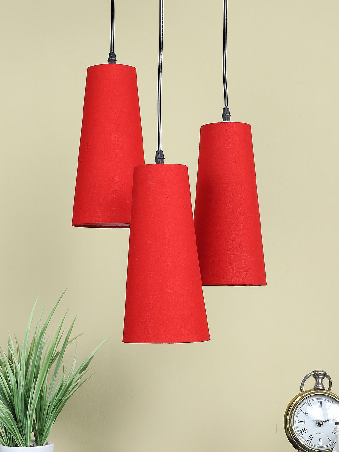 Devansh Red & Black Textured Cotton Cluster Adjustable Cord Cylinder Shaped Hanging Lamp