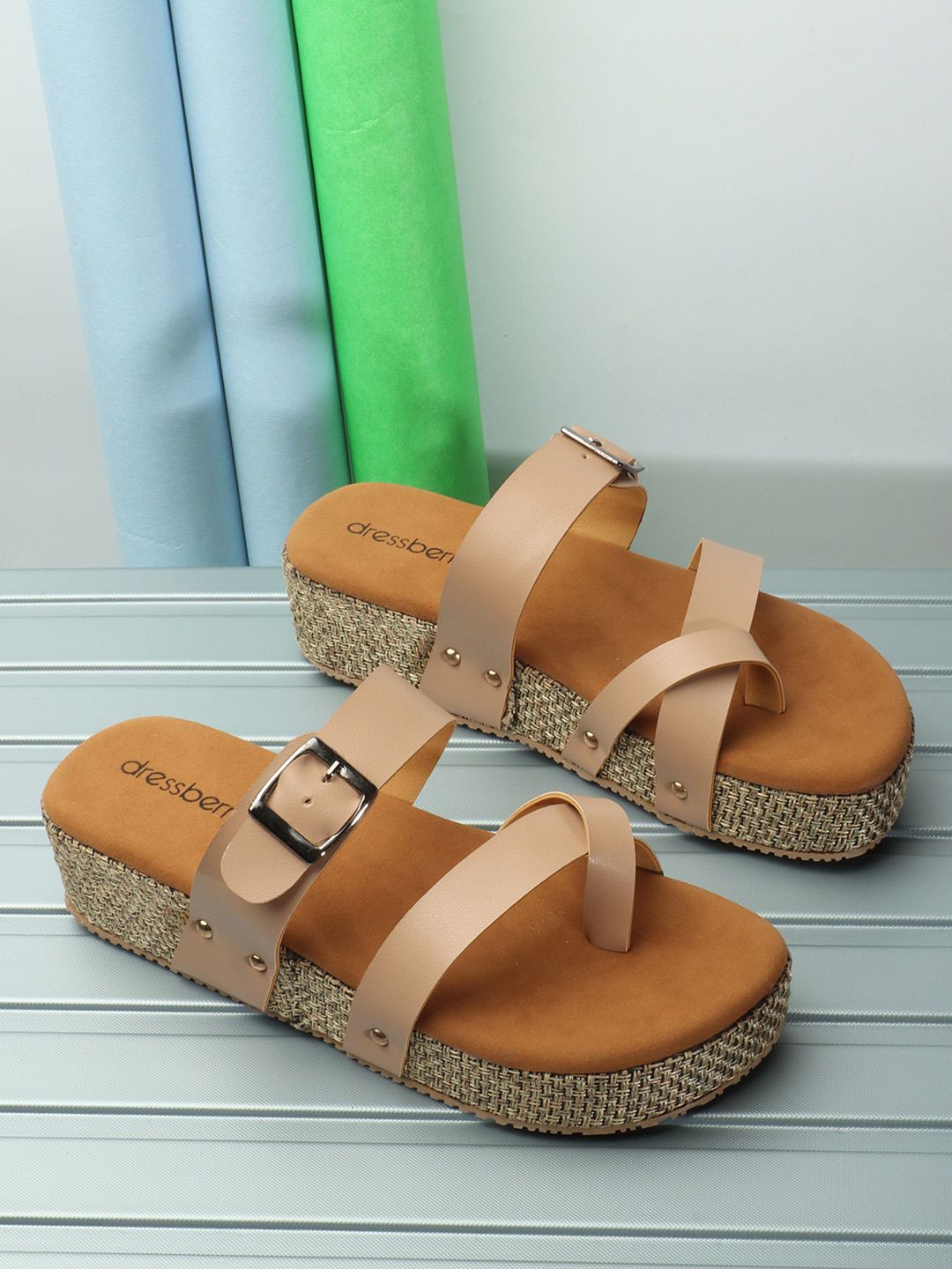 DressBerry Beige & Tan Brown Buckle Detail One Toe Flatform Heels