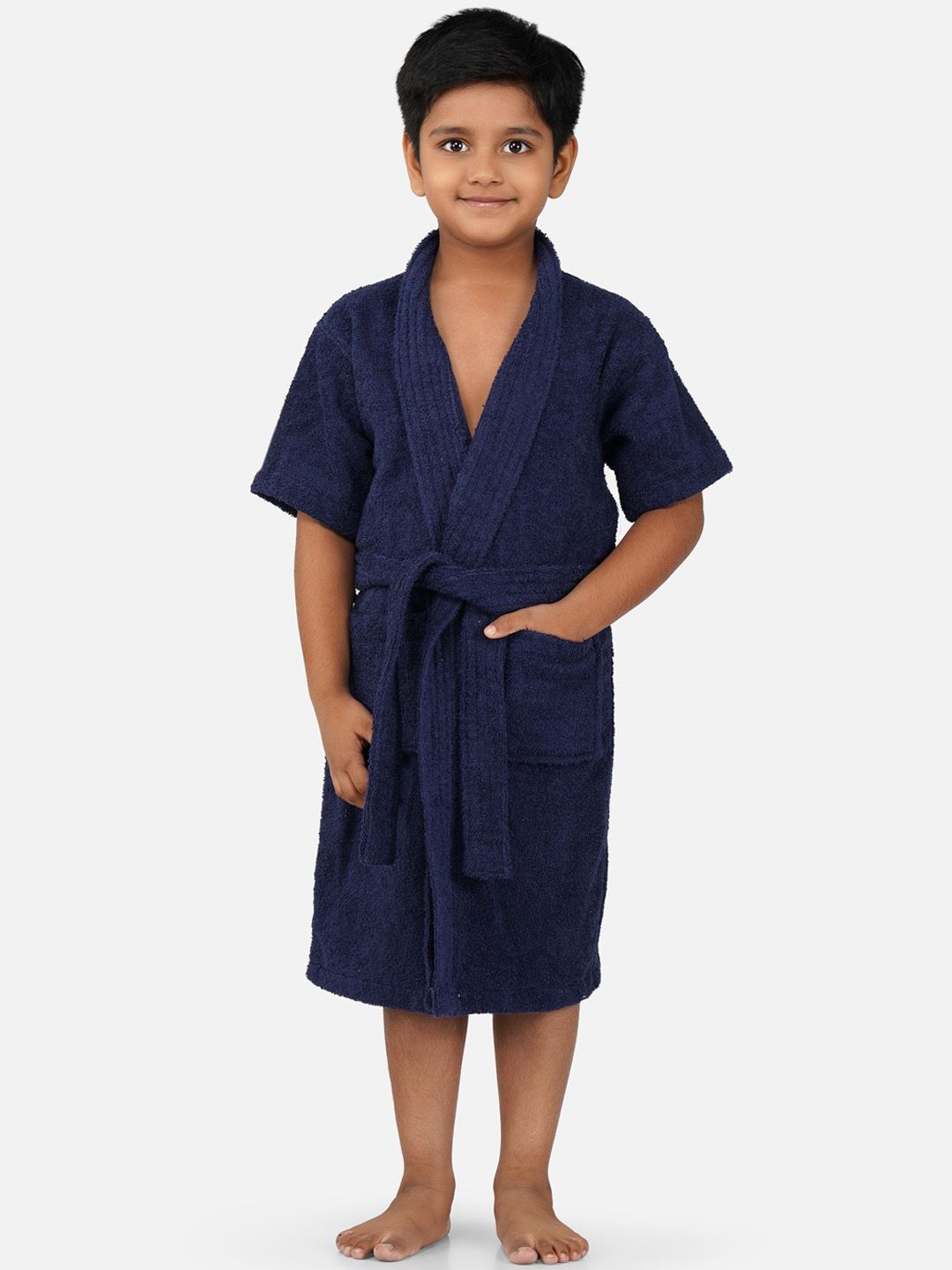 RANGOLI Kids Navy Blue Shawl Collar Pure Cotton Super Absorbent 400 GSM Bath Robe