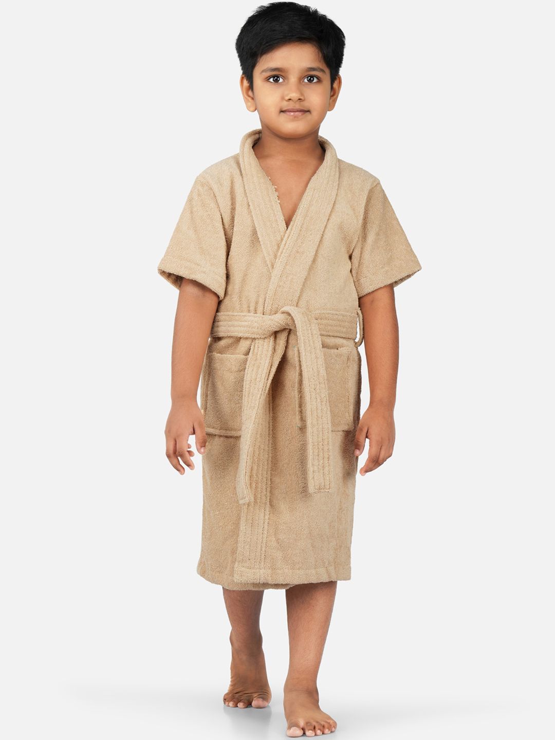 RANGOLI Kids Beige Shawl Collar Pure Cotton Super Absorbent 400 GSM Bath Robe
