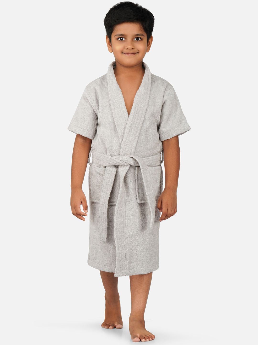 RANGOLI Kids Grey Shawl Collar Pure Cotton Super Absorbent 400 GSM Bath Robe